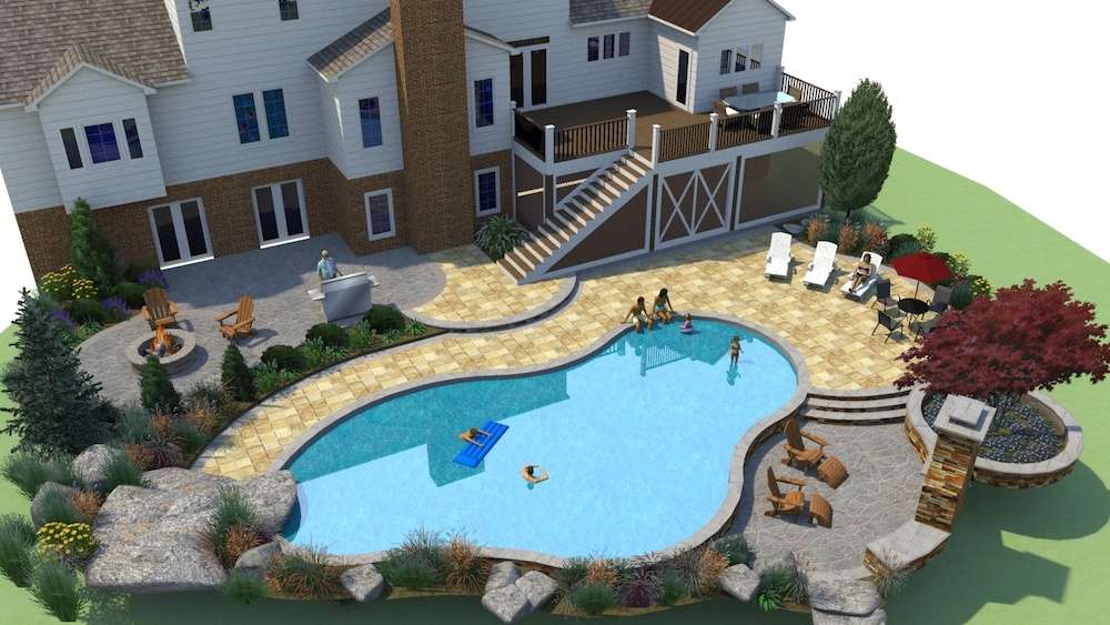 pool and patio design 3d rendering