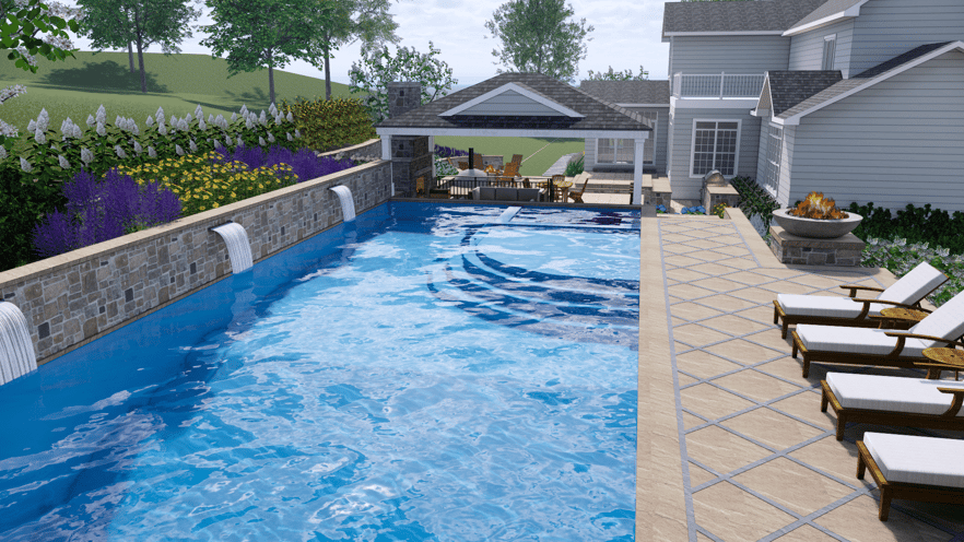 3D landscape design of pool with waterfalls