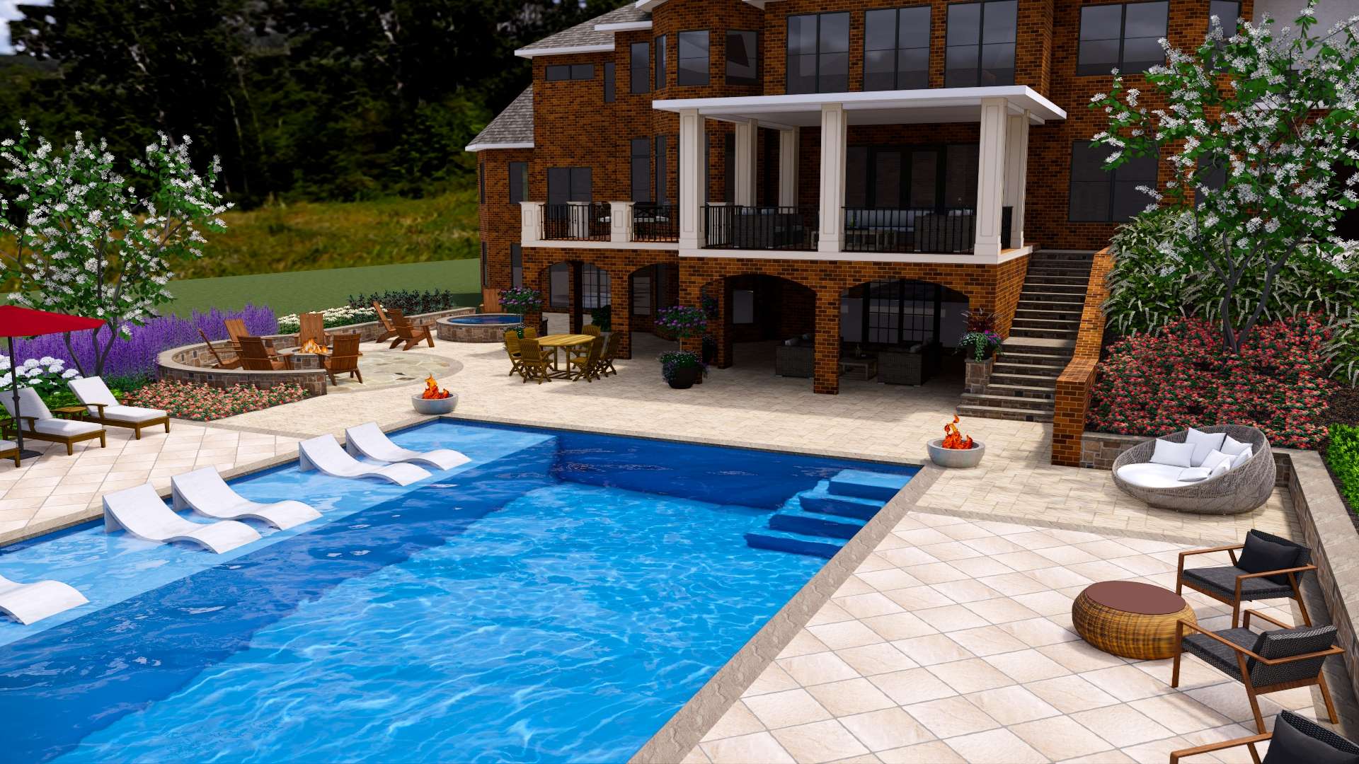 3D pool design with tanning ledge