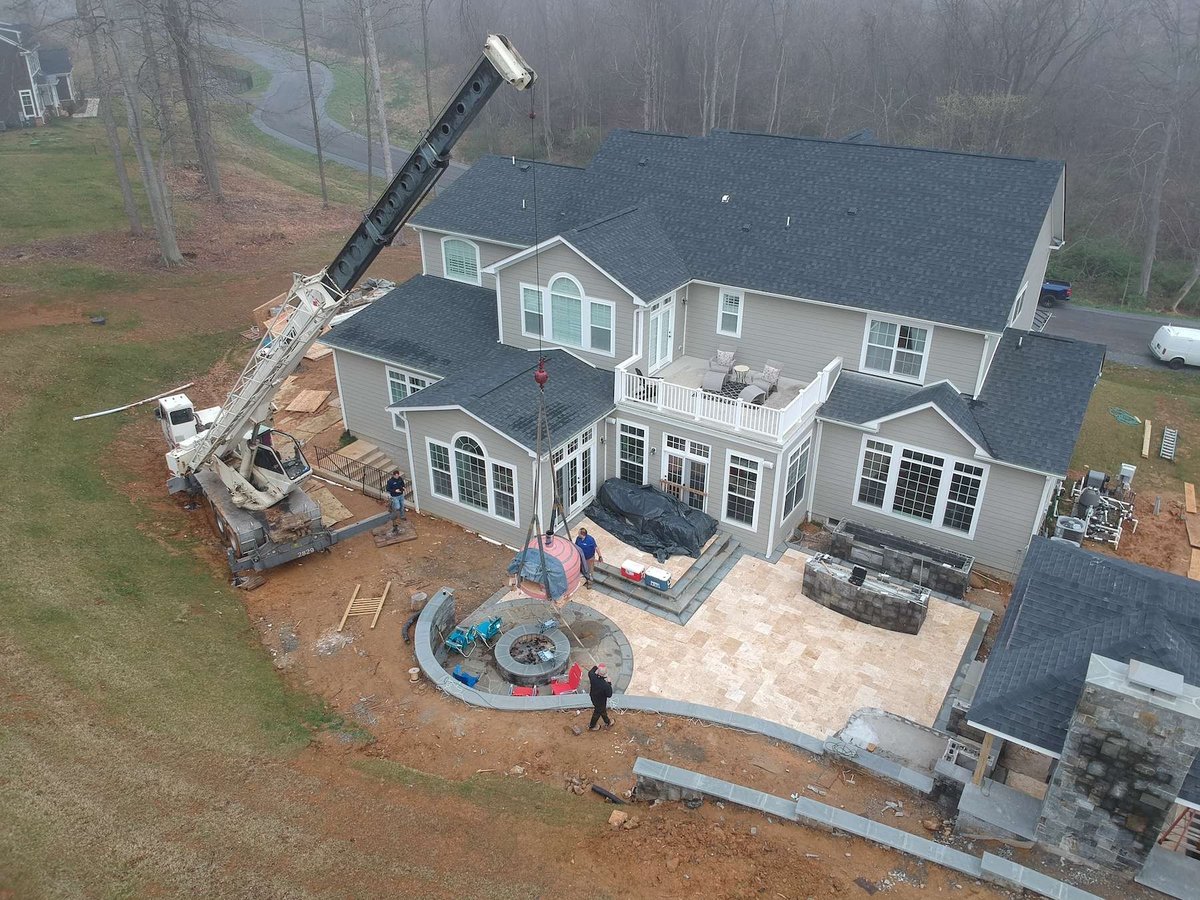 aerial photo of patio and outdoor kitchen installation