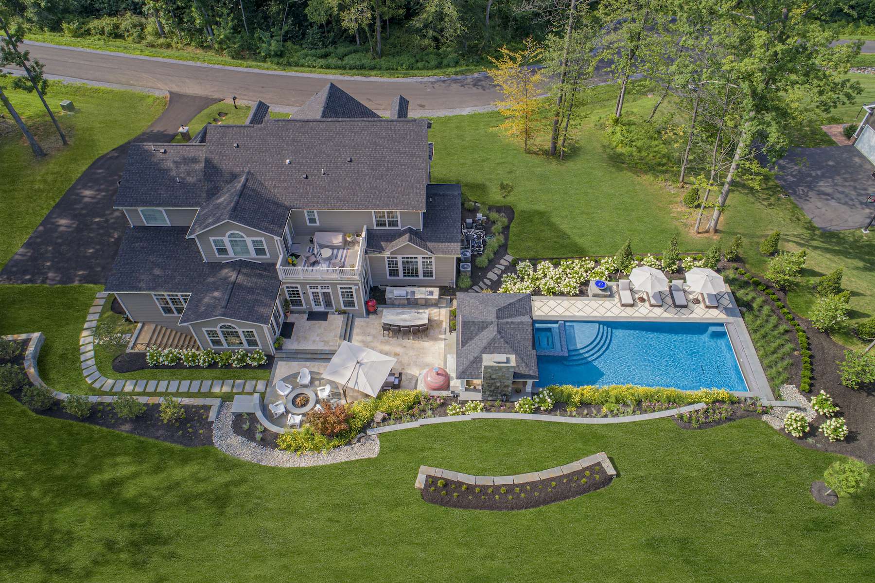 Aerial view of large patio layout and pool