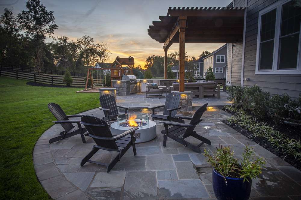 gas firepit on natural stone patio