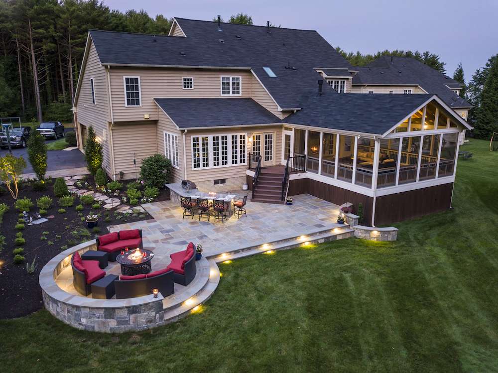 Aerial view of patio and fire pit designed by Rock Water Farm