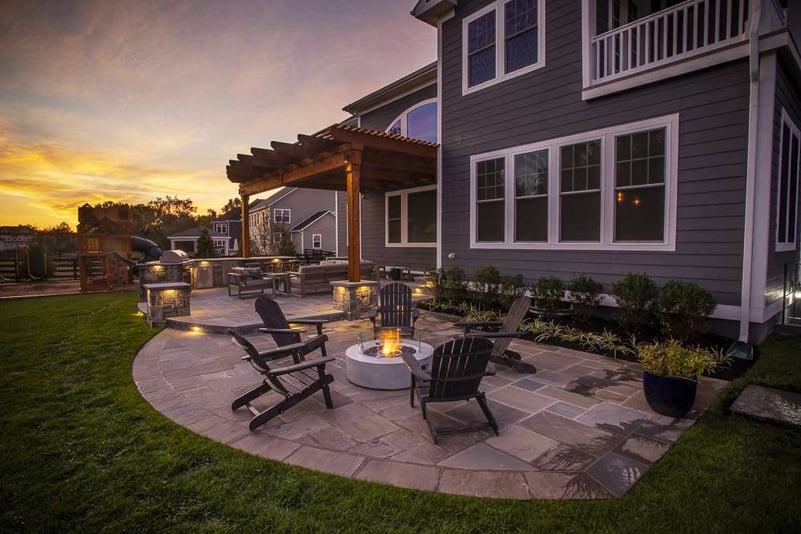 patio with firepit outdoor seating area and pergola