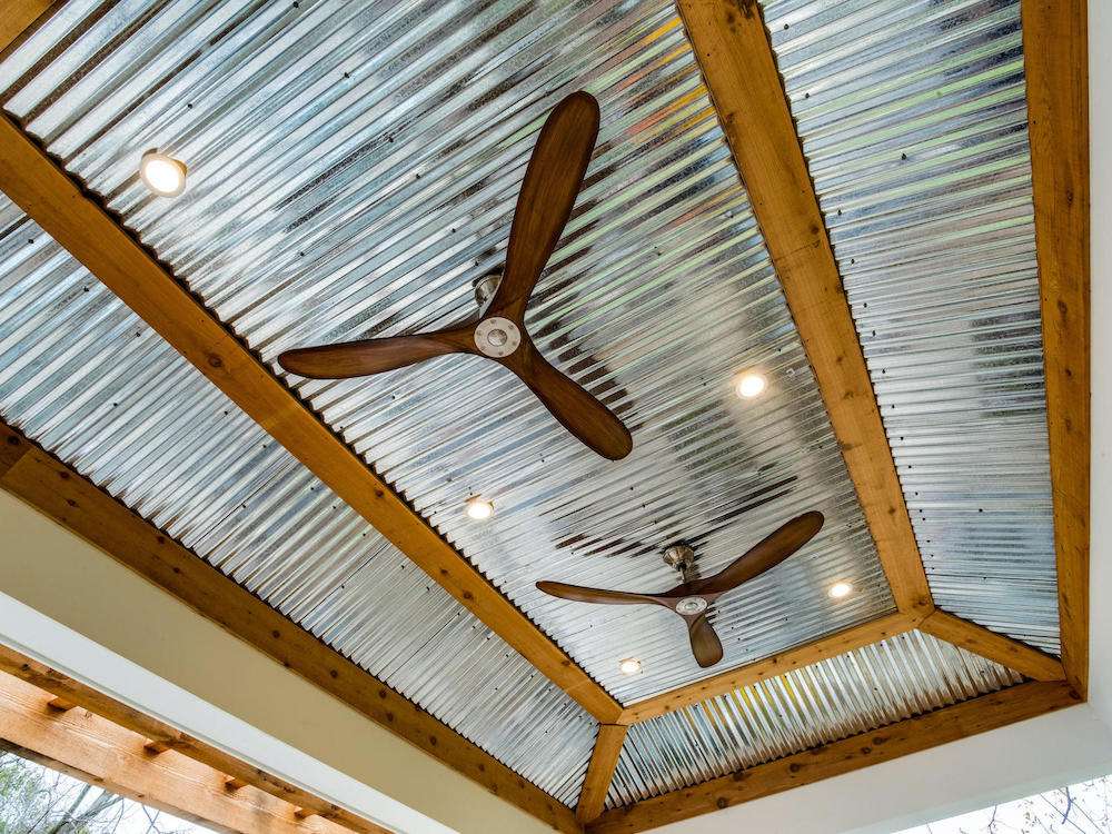 Finished pavilion ceiling with fans