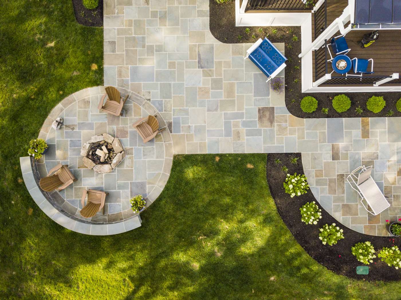 aerial view of patio and deck