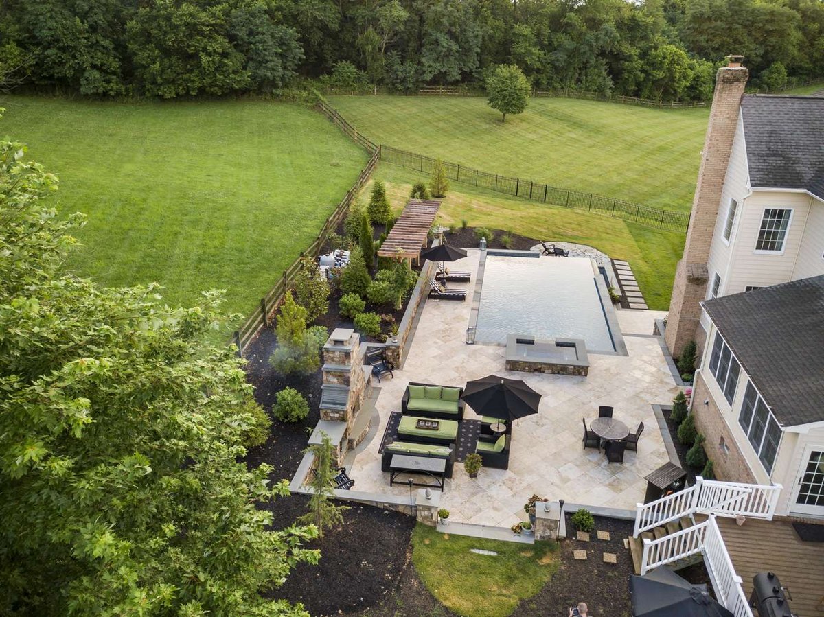 landscape with patio, fireplace, and pool