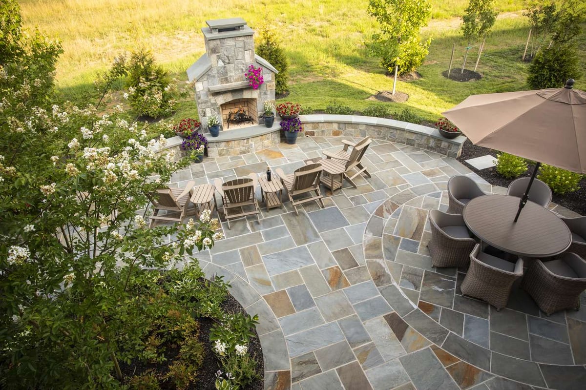 aerial photo of outdoor fireplace and patio 