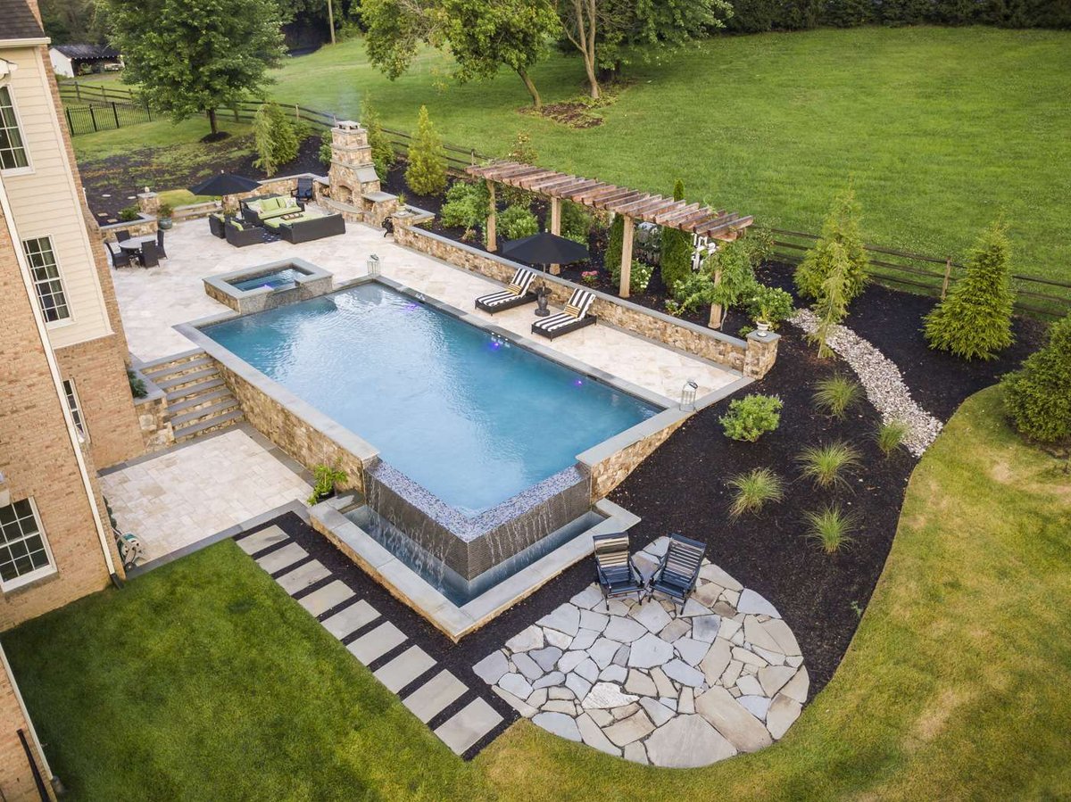 pool with ornamental grasses in landscape bed
