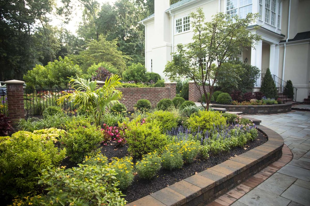 Flowers planted around walkway in Virginia