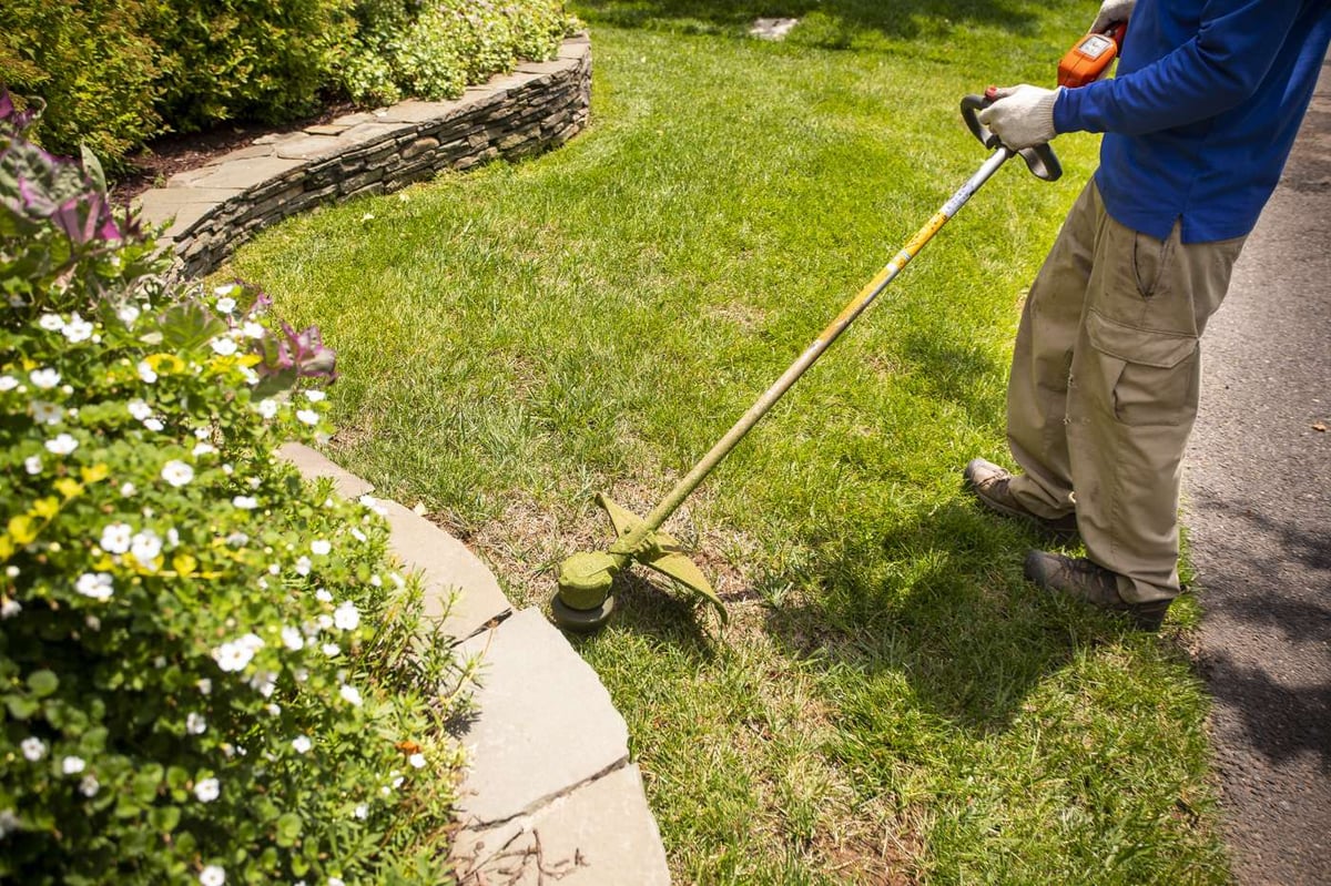 lawn care technician trims lawn near landscape beds