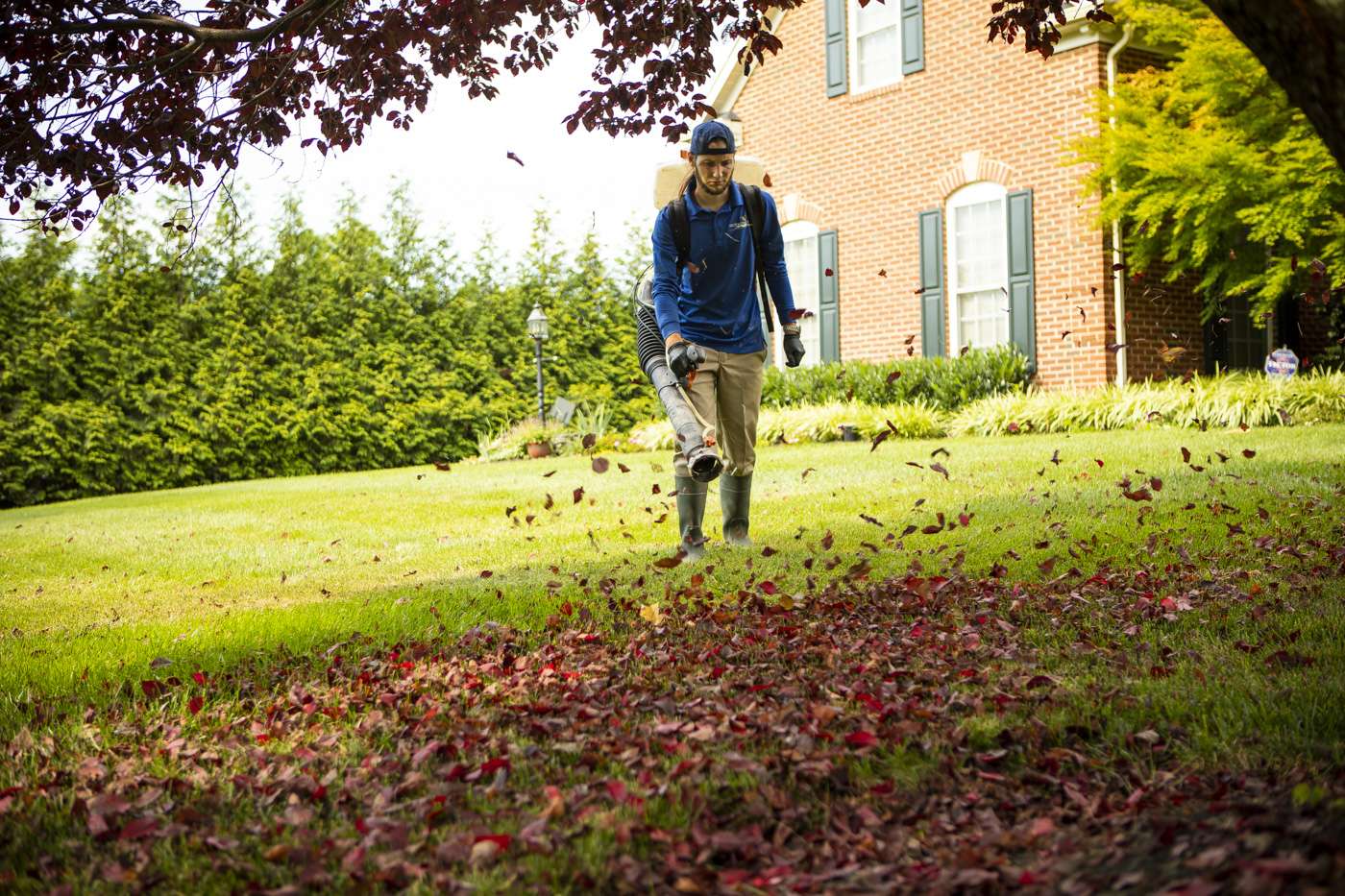 lawn technician cleaning up leaves 
