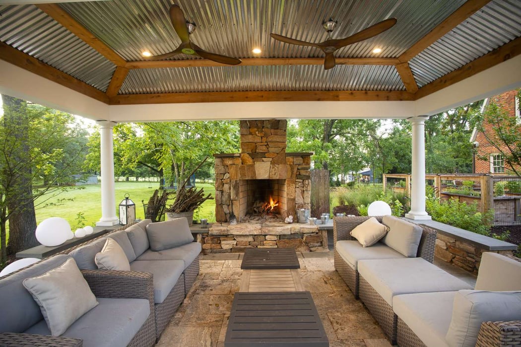 pool pergola with fireplace