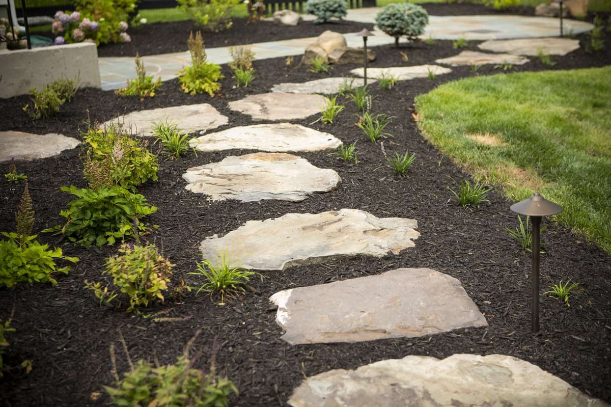 mulch between stepping stones and in landscape beds
