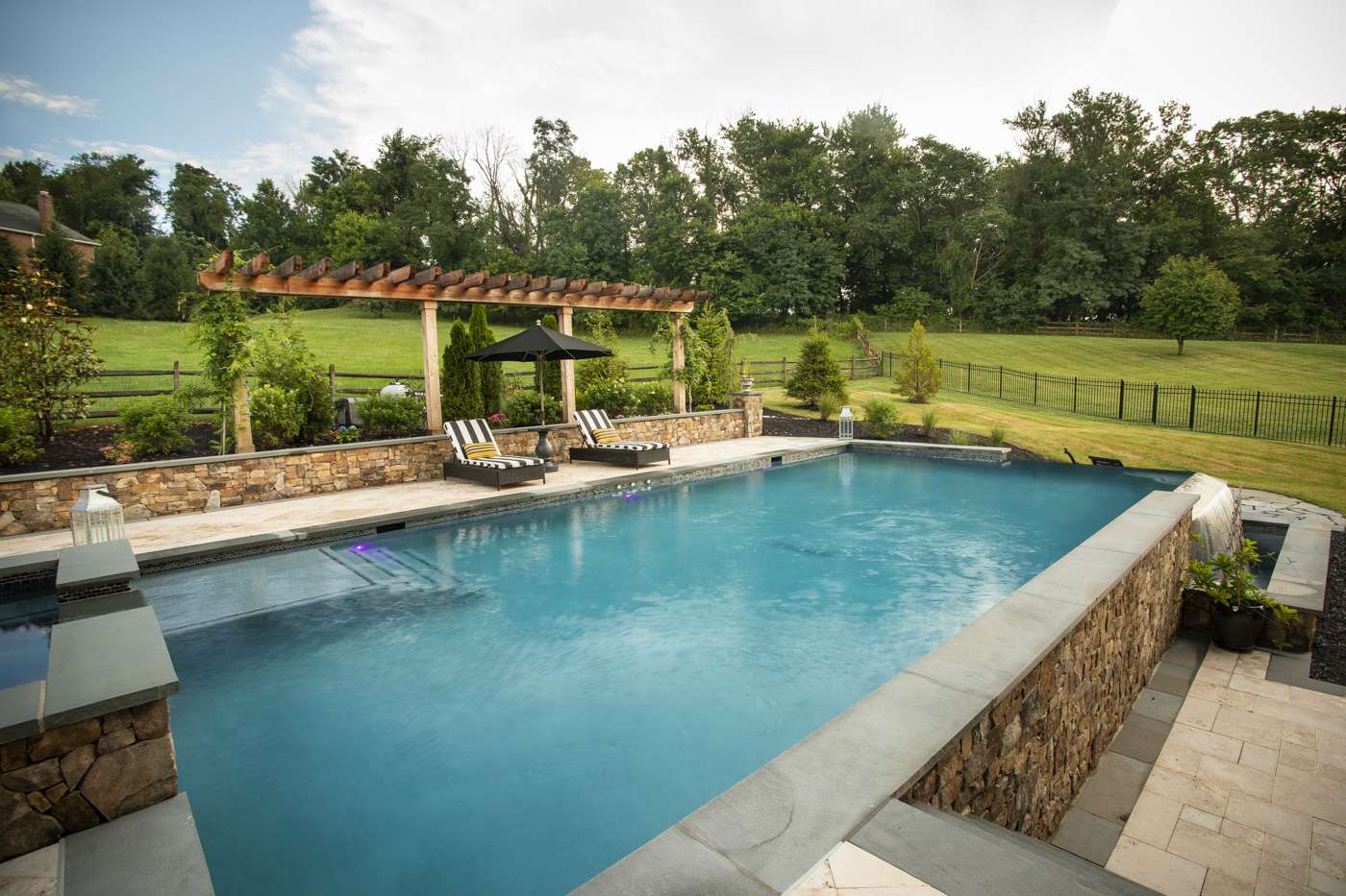 infinity edge pool, patio, and landscape