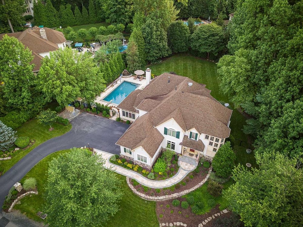 front walkway design, stone wall and pool aerial view