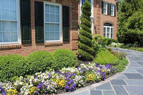 colorful seasonal plantings along walkway to front door of home