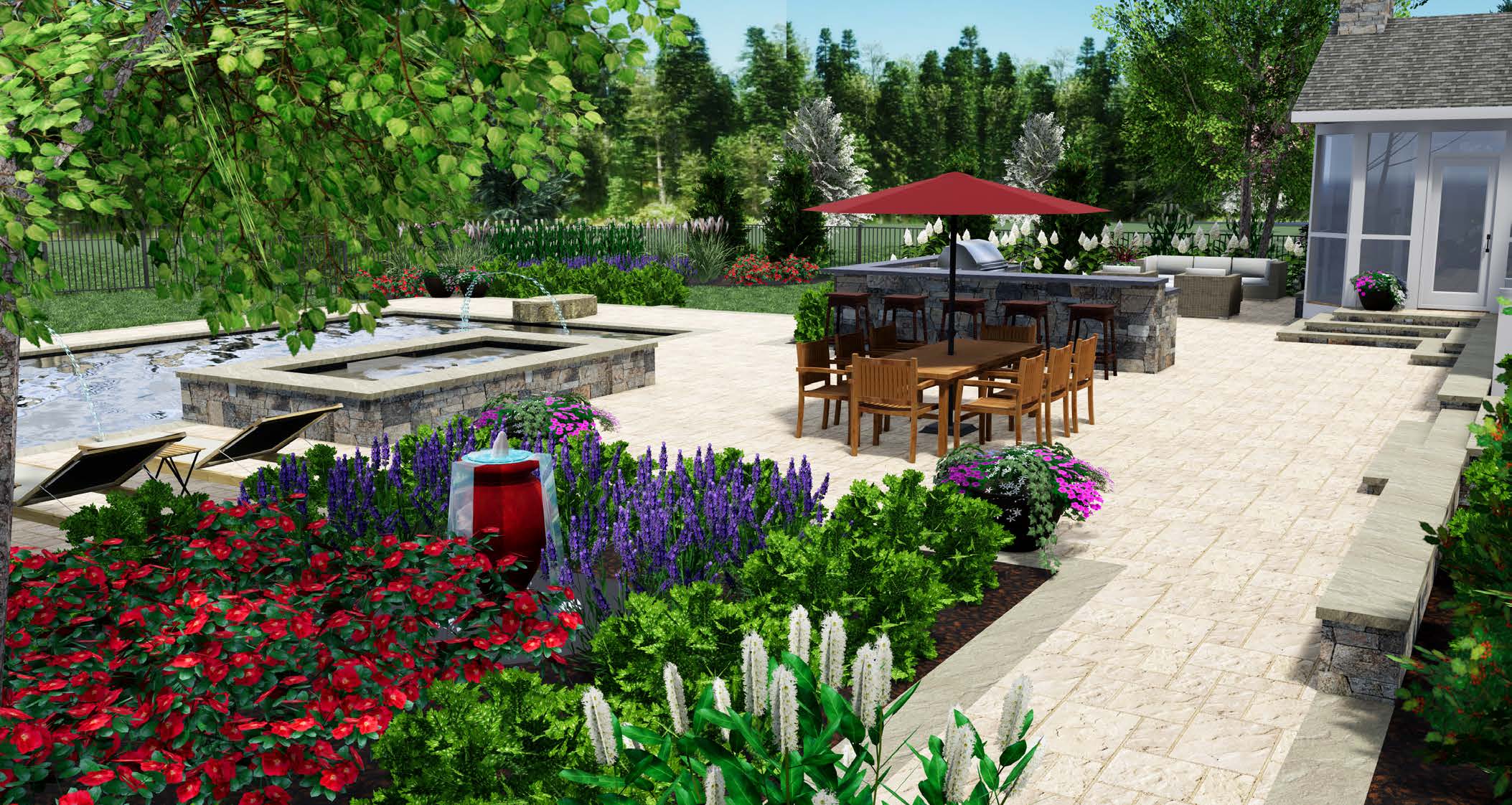 landscape design 3D rendering of patio, outdoor kitchen, pool, and plantings