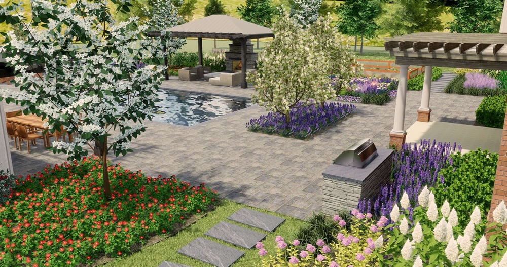 3D landscape design patio, plantings, pool, and outdoor fireplace