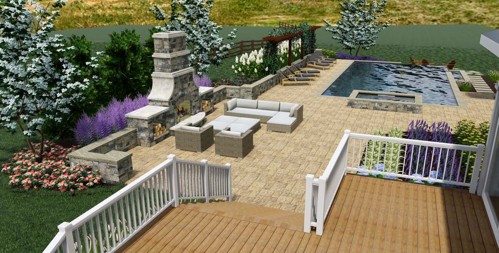 3D landscape design rendering of deck, outdoor fireplace and pool
