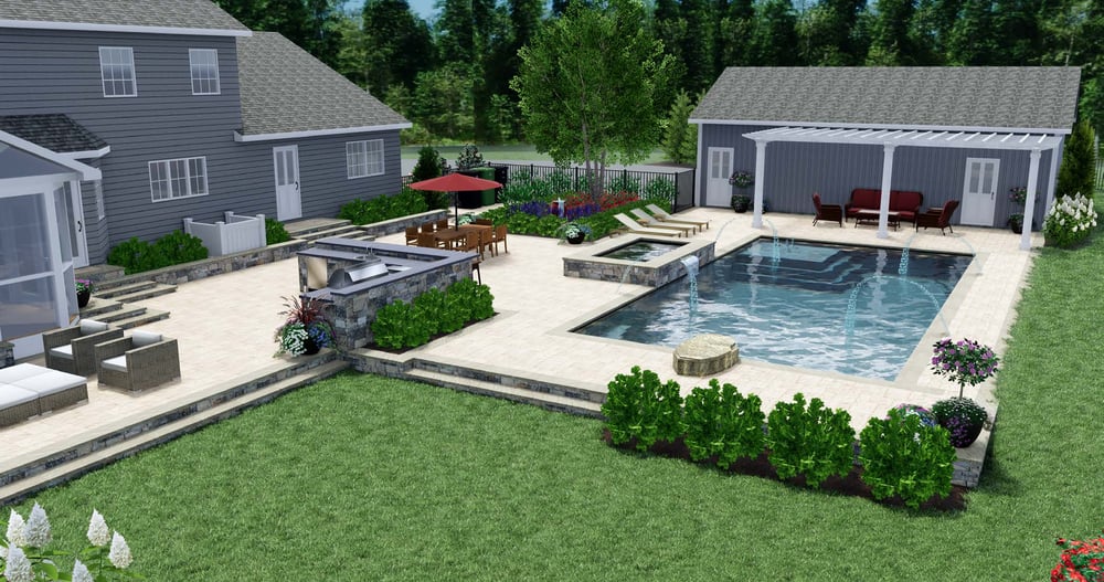 3D landscape design of lawn, outdoor kitchen, patio, and pool