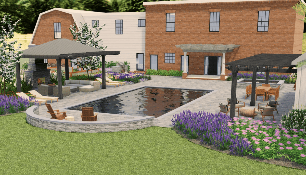 landscape design with pool fireplace pergola and pavilion