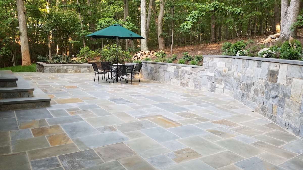 patio and retaining wall designed and built by Rock Water Farm