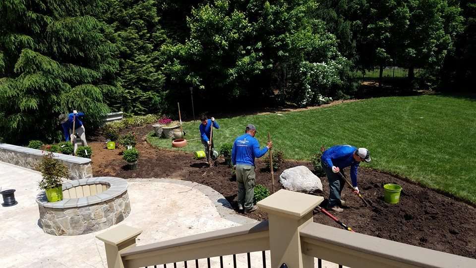 landscape team plants flowers and bushes in new bed