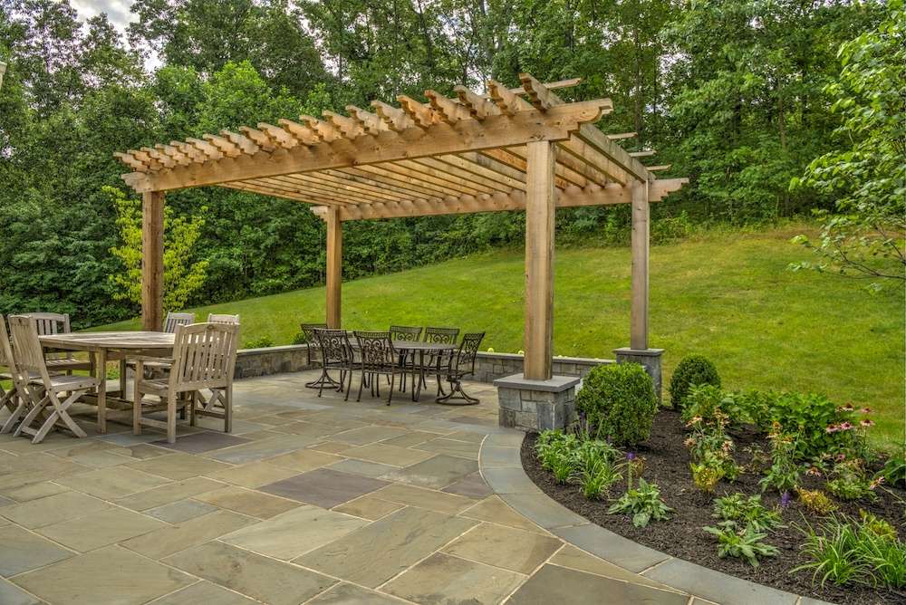 pergola, patio, and plantings