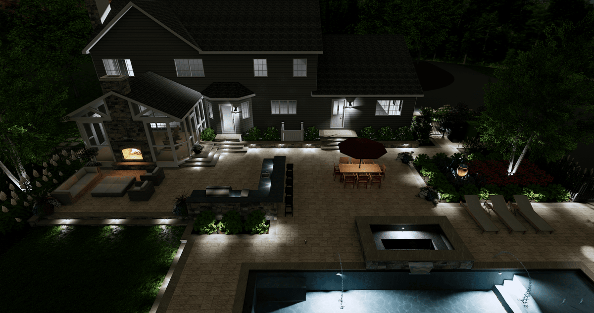 pool and patio design with landscape lighting