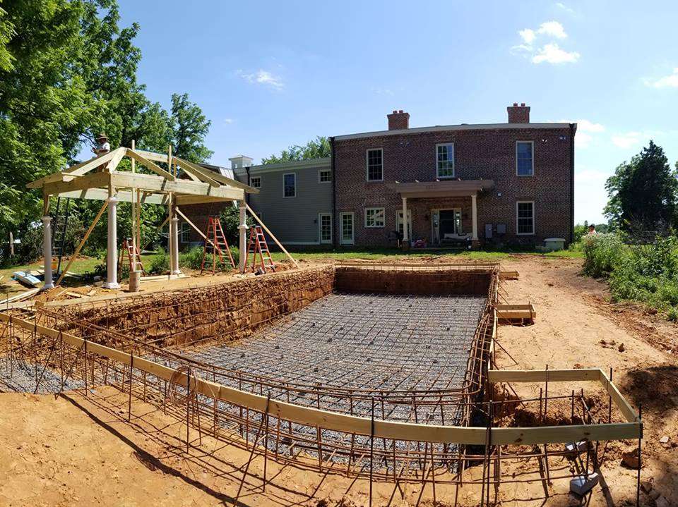 Pool construction in backyard