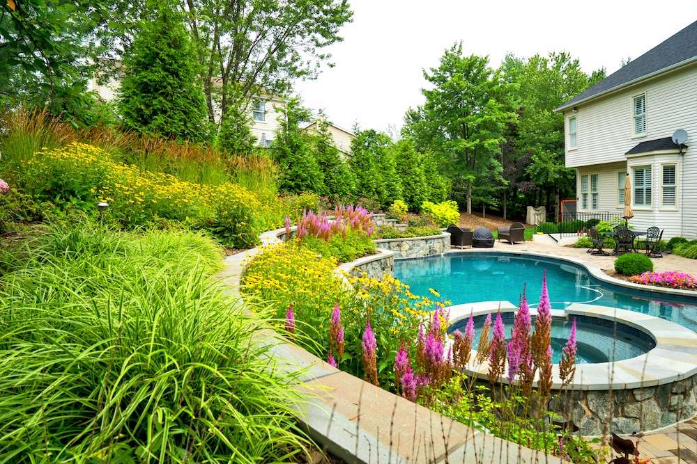 custom pool with plantings and hot tub