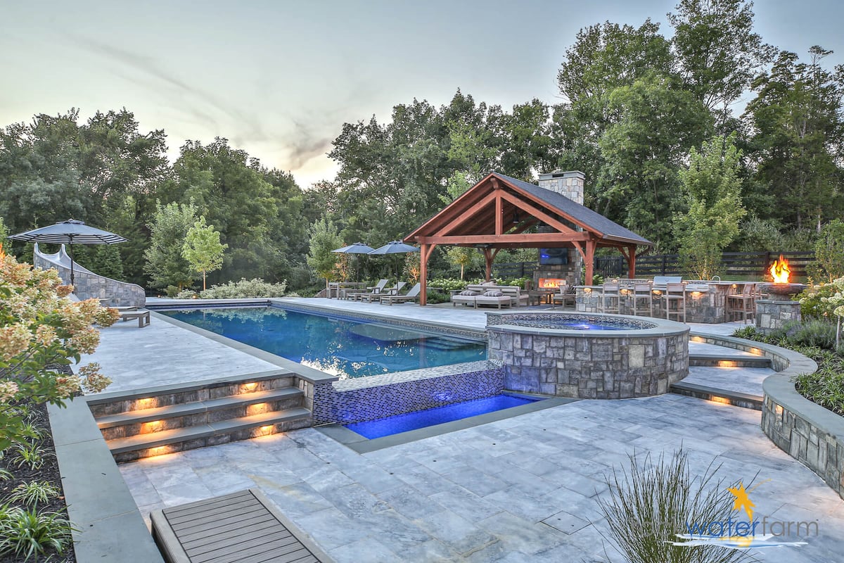 outdoor entertainment area with kitchen near pool