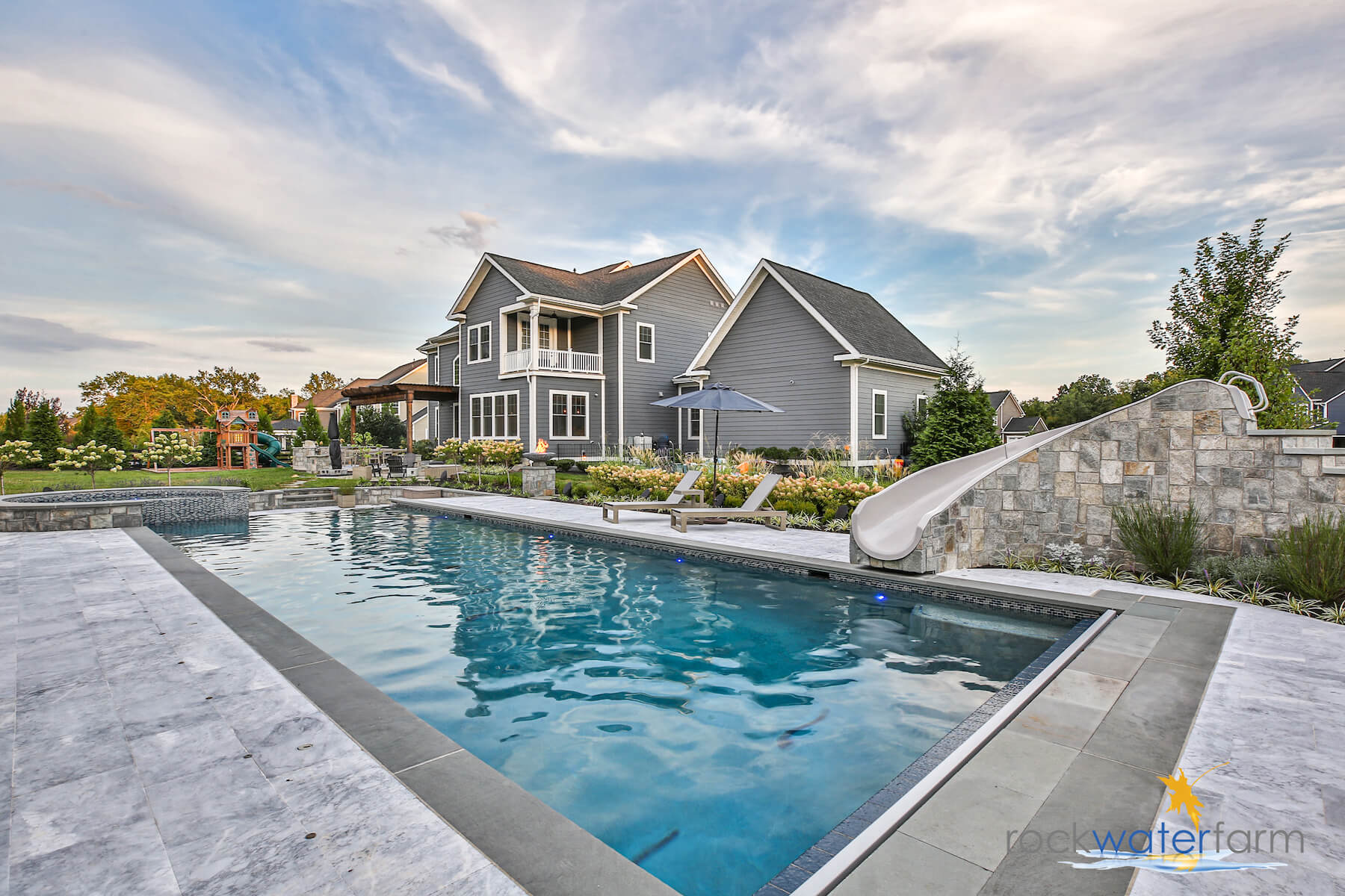 pool spa patio slide fire bowl