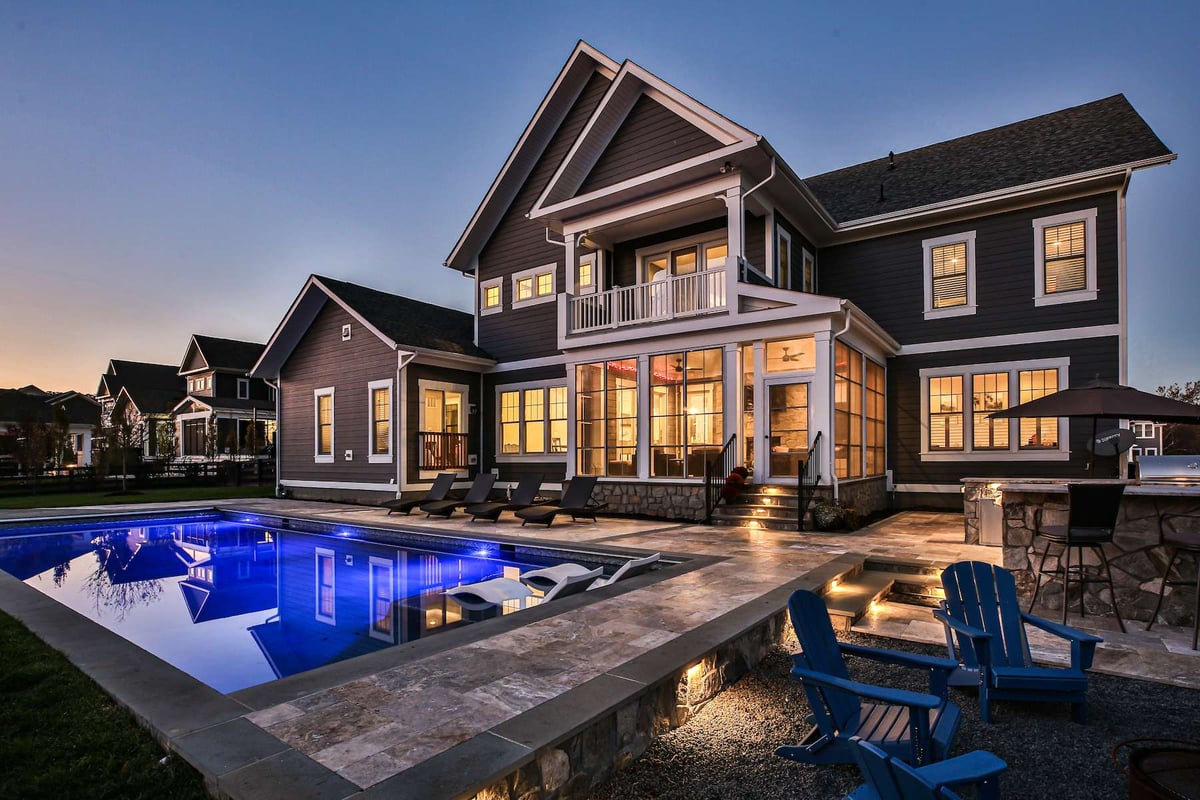 pool in backyard with patio and outdoor kitchen