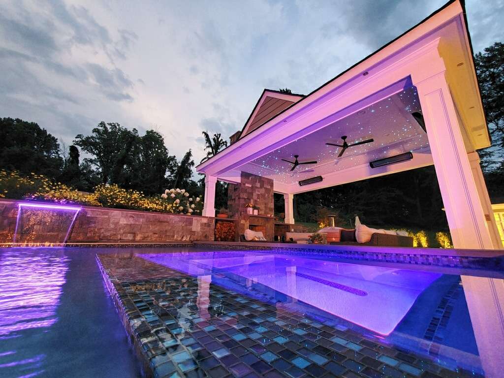 Pavilion with fiber optic ceiling, fire place and swim up pool