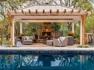 pool, patio, pavilion and fireplace designed by Rock Water Farm in Virginia