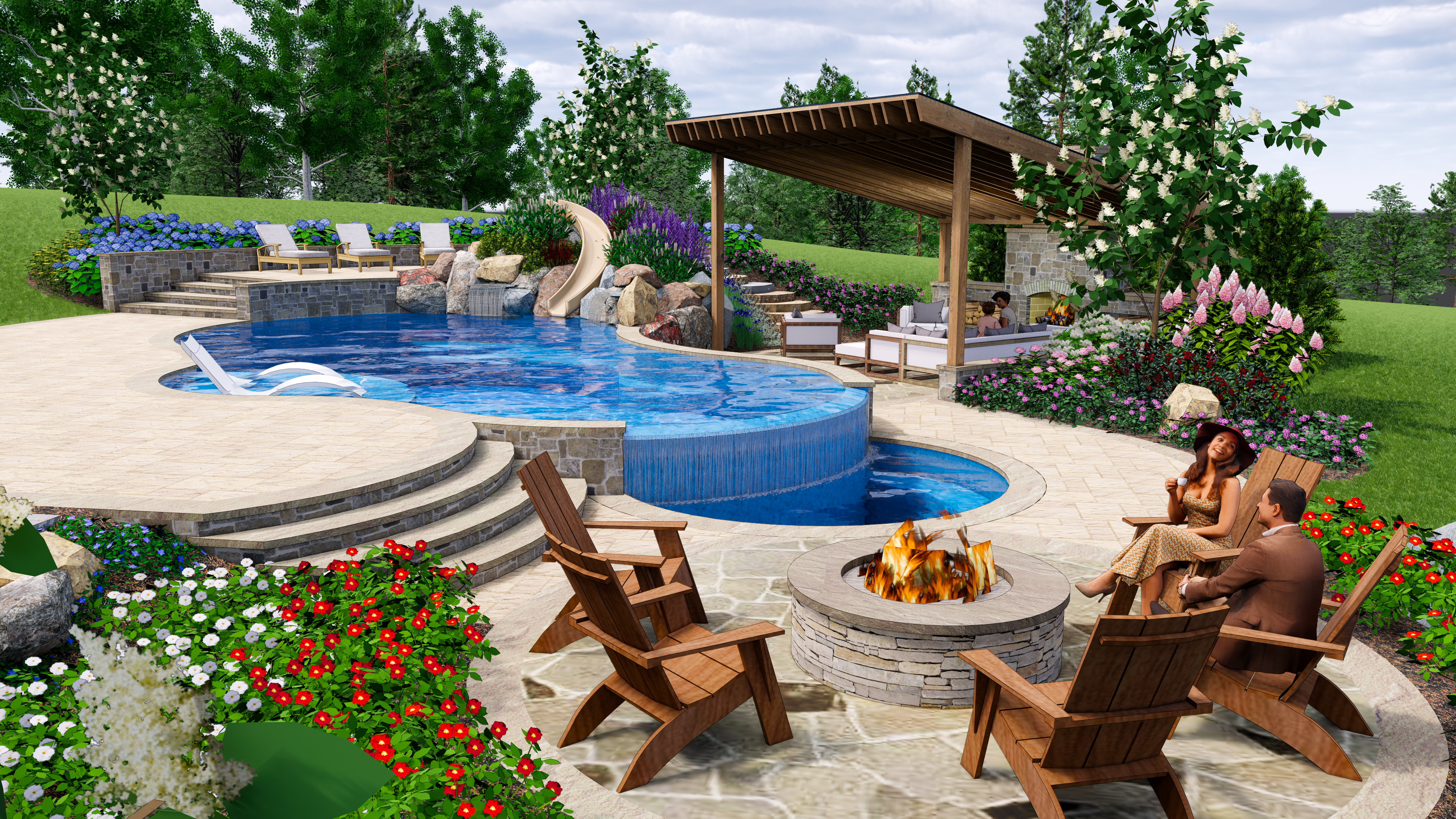 3d design of pool on sloped yard