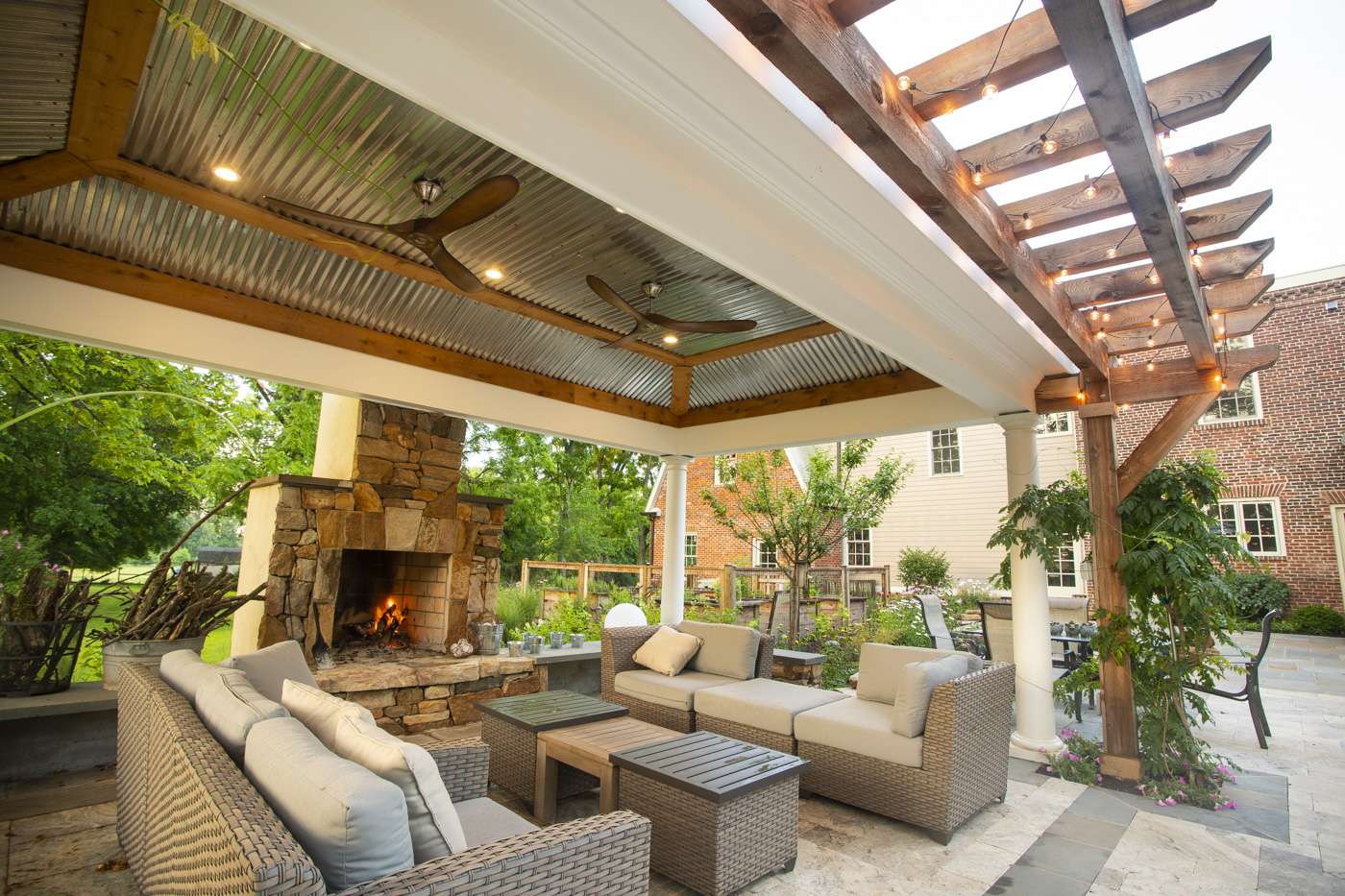 Combined Pergola and pavilion with outdoor fireplace