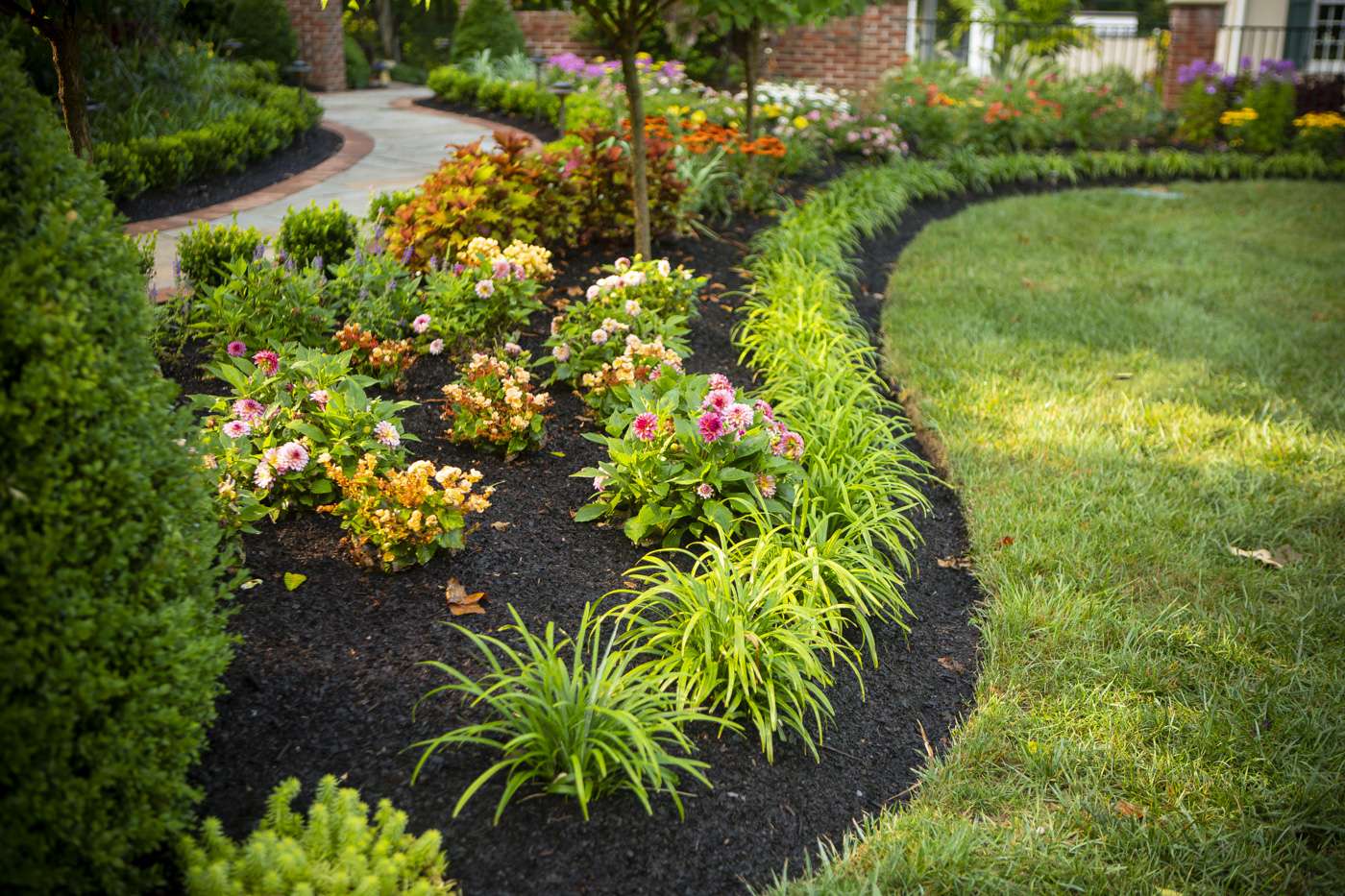 well-maintained landscaping with flowers and mulch