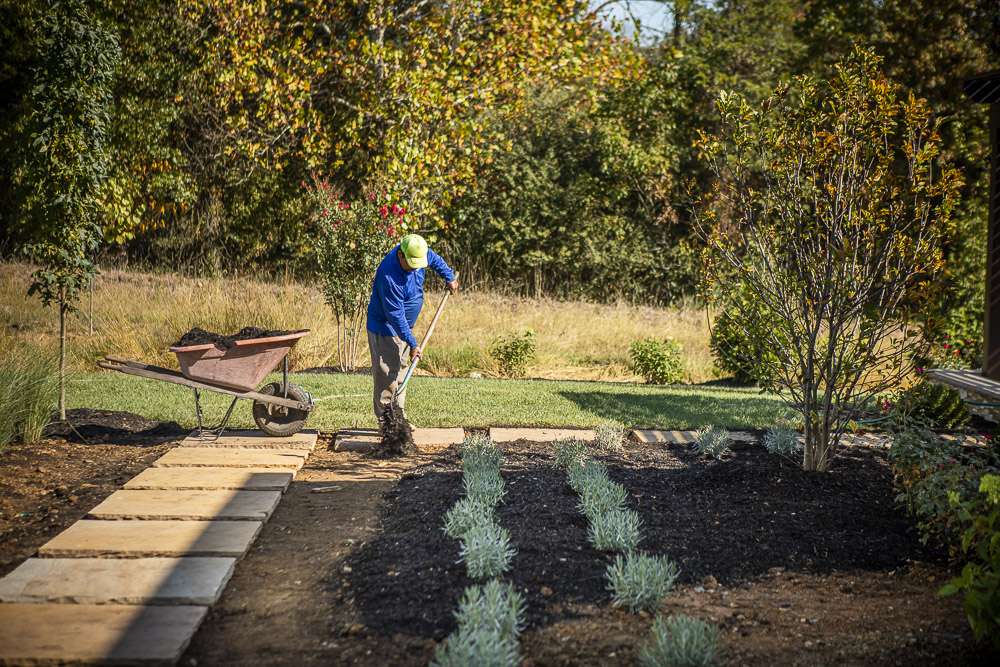 crew adding mulch to a new landscape bed