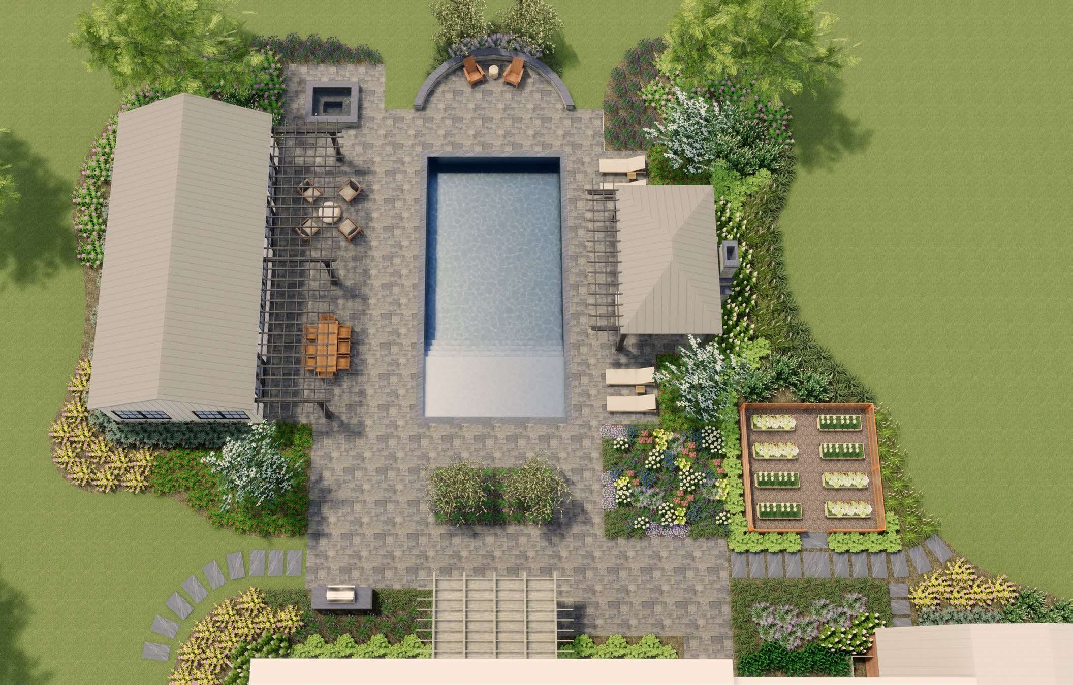 3d rendering of landscape design with pool and patio