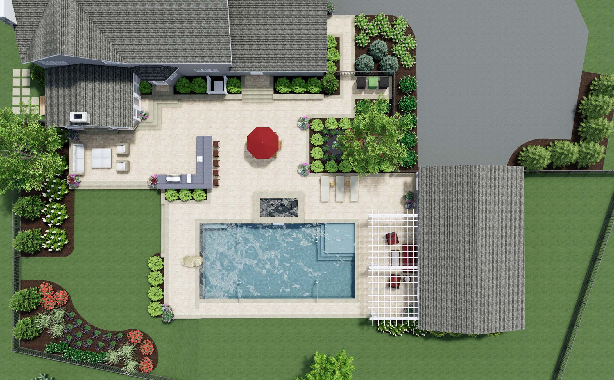 3d landscape design with patio, pool, and plants