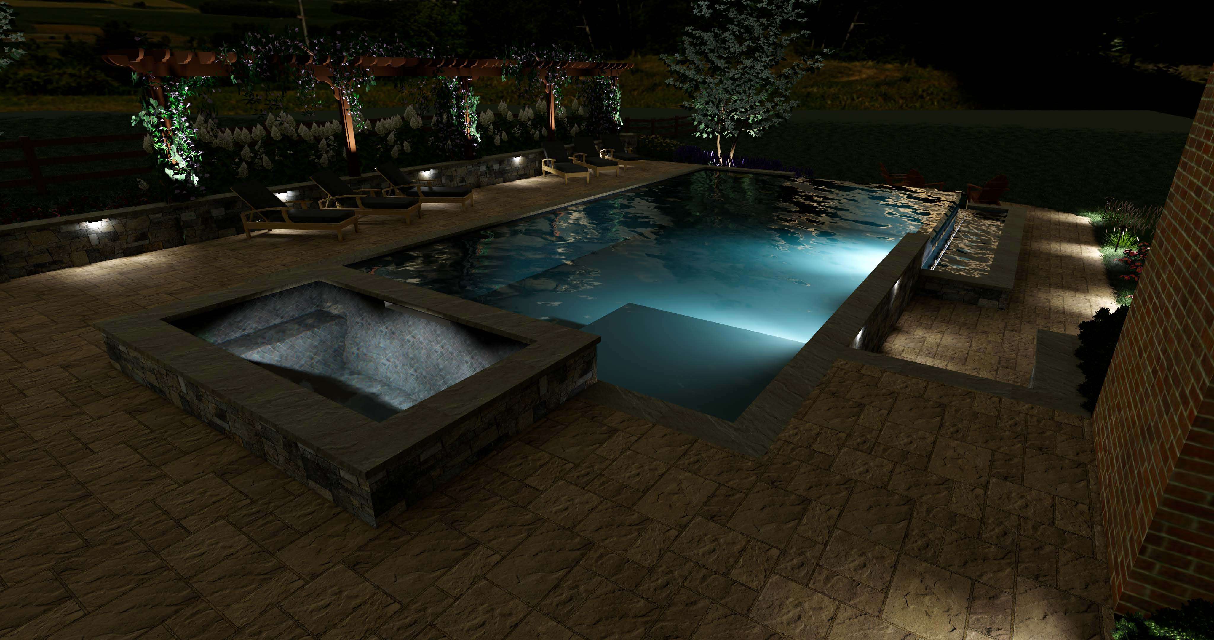 3D pool design at night by Rock Water Farm