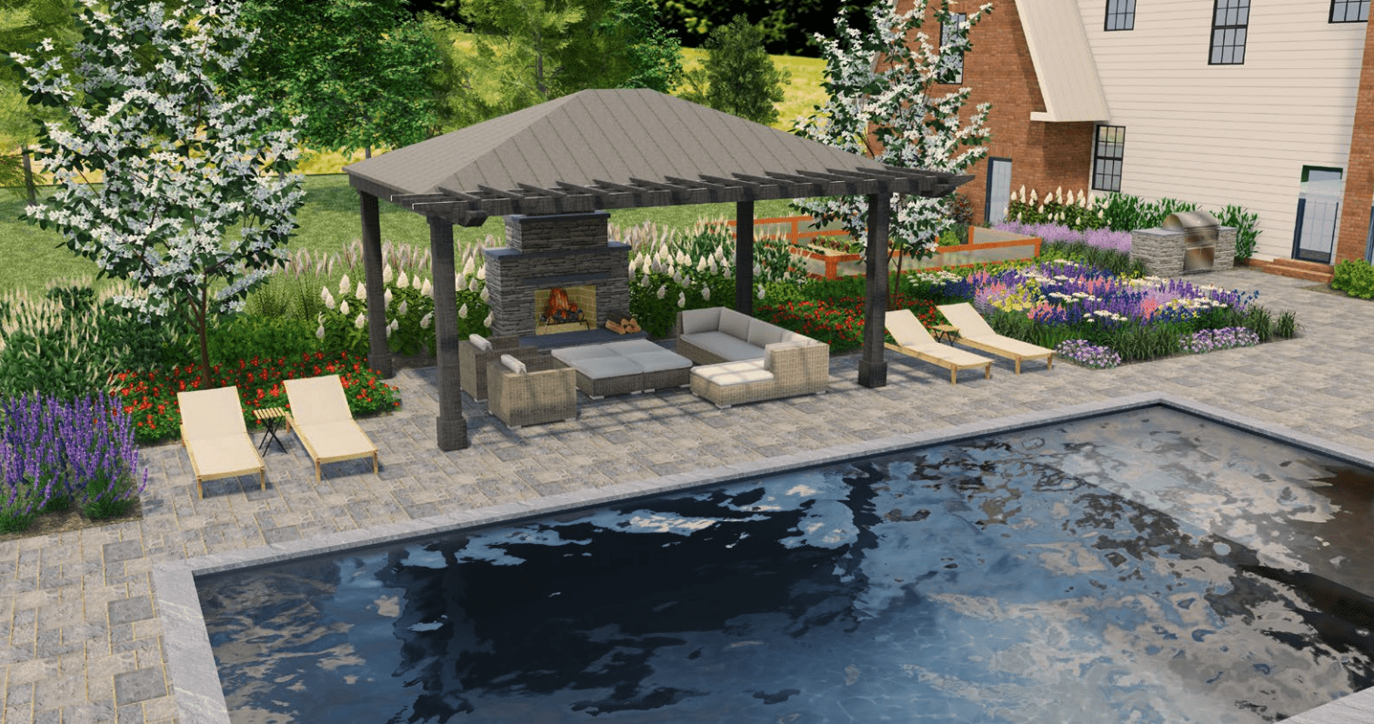 3d landscape design of pool and pavilion 