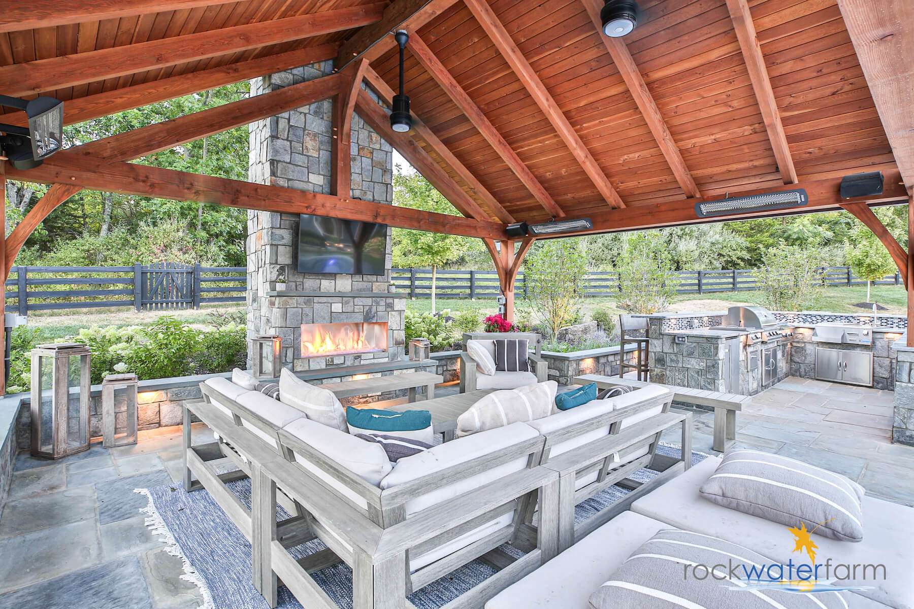 outdoor kitchen with pavilion and fireplace