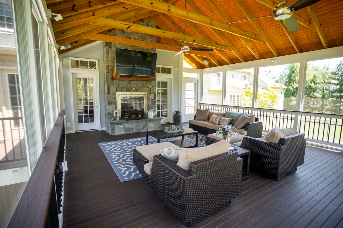 screened porch deck tv fireplace 1