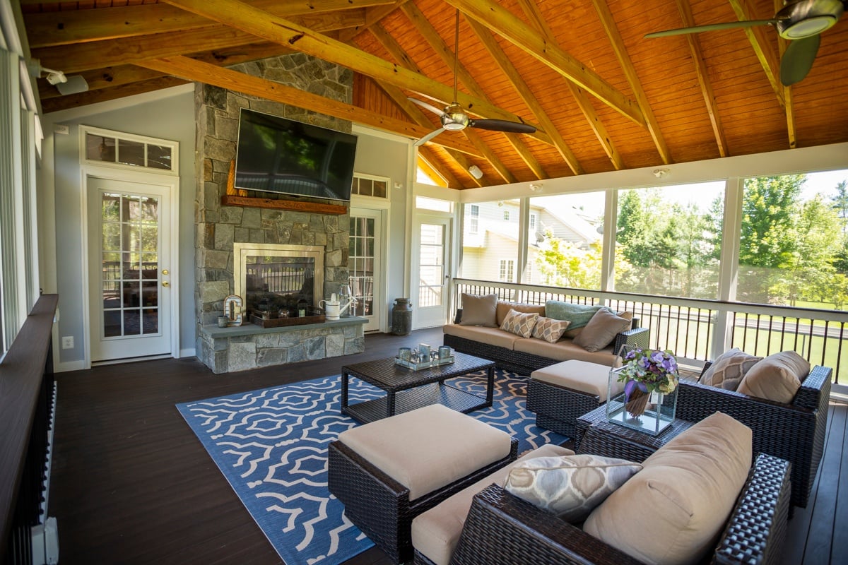 screened porch deck tv fireplace 2