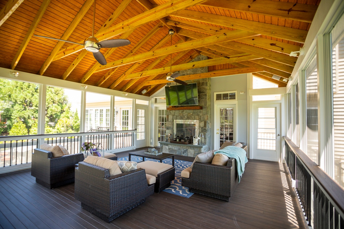 screened porch deck tv fireplace 3