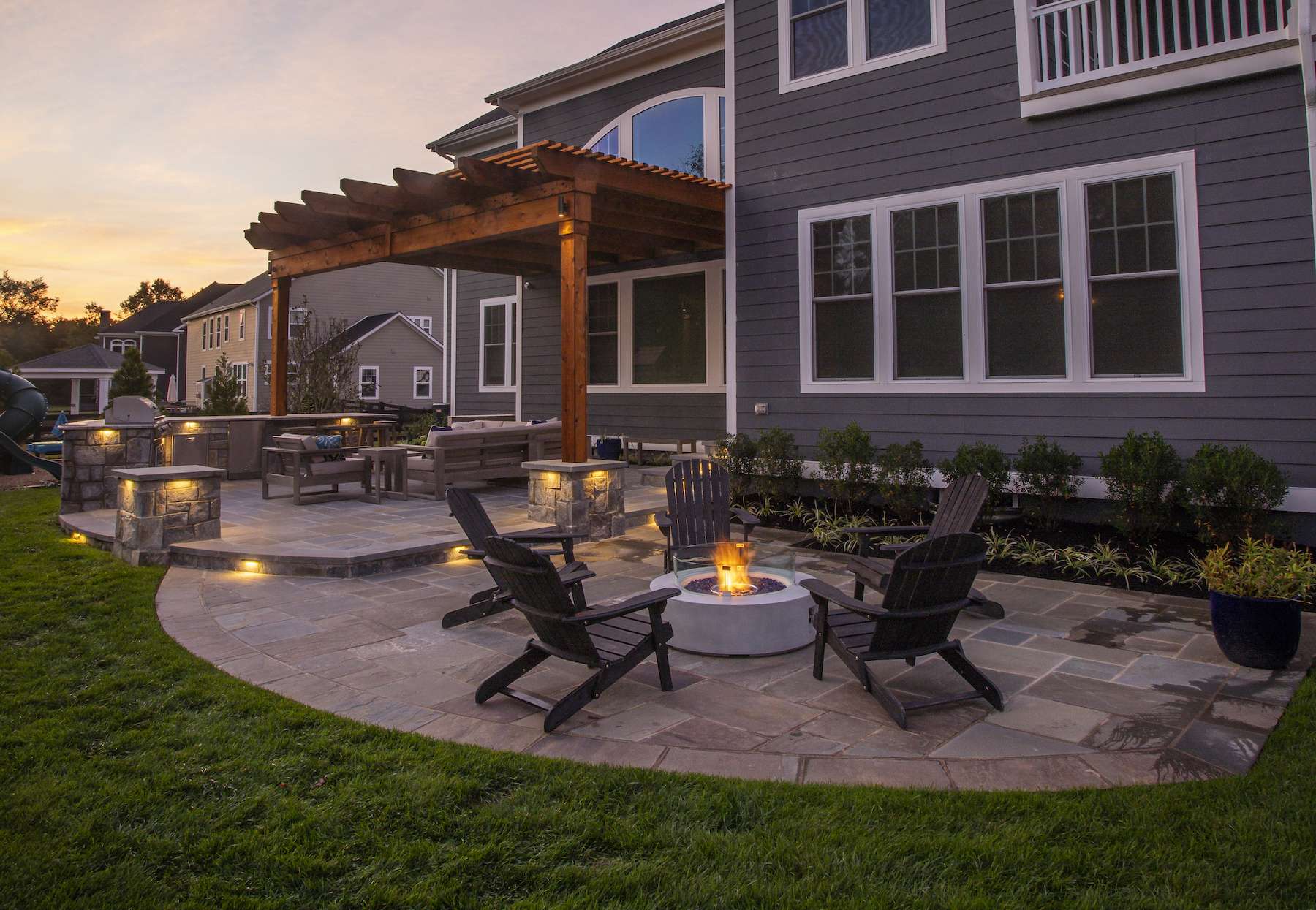 patio with fire pit and pergola